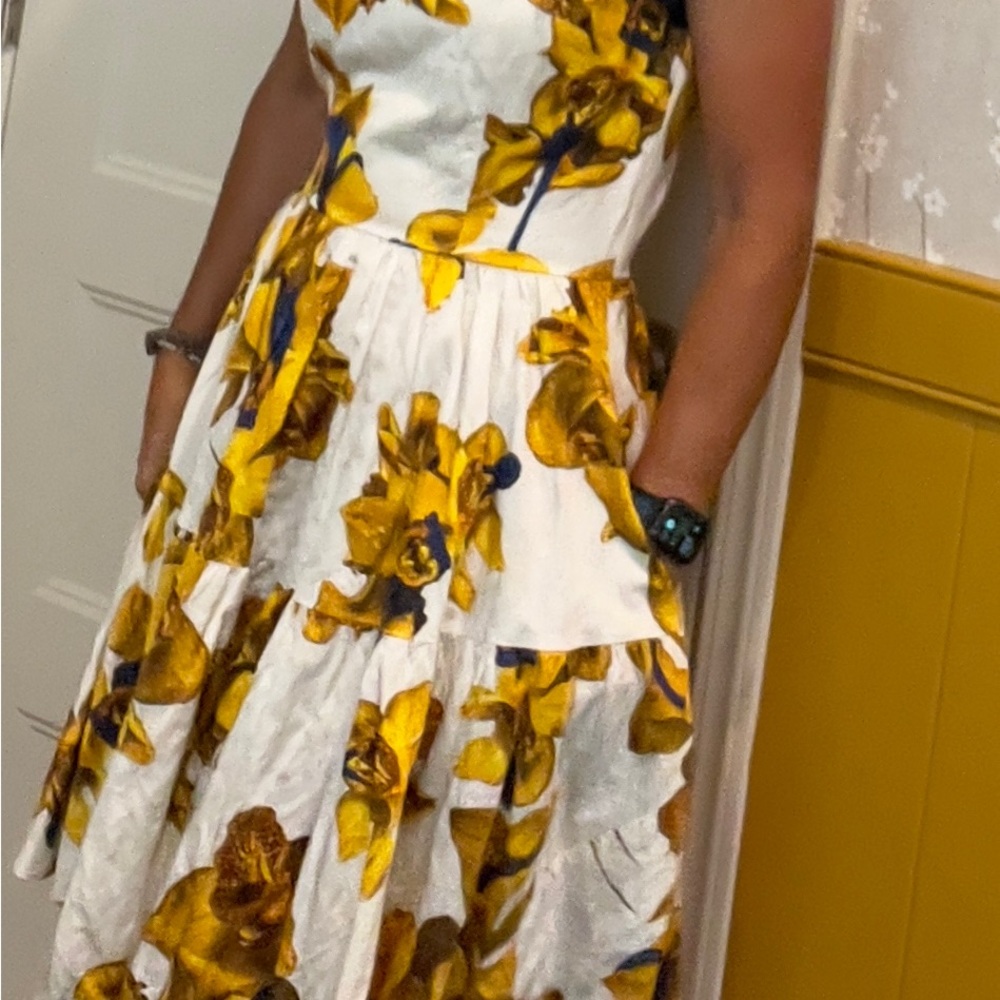 Jason Wu Boat Neck, Cap Sleeve Midi Dress White w/ Yellow Abstract Floral Print - Picture 4 of 6